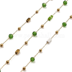 Cuboid Natural Mixed Gemstone & Glass Rondelle Beaded Link Chains, with Golden 304 Stainless Steel Paperclip Chains, Soldered, with Spool, Green, 5x2x2mm, 4x2x2mm, 3x2.5mm, about 32.81 Feet(10m)/Roll