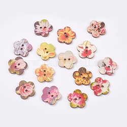 Boutons en bois imprimés, 2-trou, teinte, fleur, couleur mixte, 24x2.5mm, Trou: 2.5mm