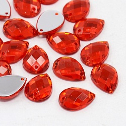 Sew on Rhinestone, Taiwan Acrylic Rhinestone, Two Holes, Garments Accessories, Red, teardrop, about 10mm wide, 14mm long, 4mm thick, hole: 1mm