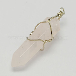 Natural Gemstone Pendants, Rose Quartz, with Brass Findings, 36x8mm, Hole: 2mm