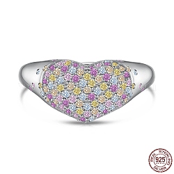 Rhodium Plated 925 Sterling Silver Heart Adjustable Rings with Colorful Cubic Zirconia, with S925 Stamp, Real Platinum Plated, US Size 7(17.3mm)