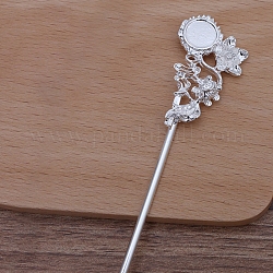 Eisen-Haar-Stick Zubehör, mit Fassung aus Legierungs-Cabochons, Blume mit Fisch, Silber, Fach: 10 mm, 155x25x6 mm, Stift: 2.5 mm