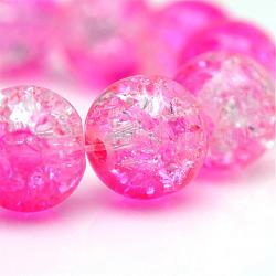 Hilos de abalorios de vidrio craquelado pintado, redondo, color de rosa caliente, 6mm, agujero: 1.3~1.6 mm, aproximamente 133 pcs / cadena, 31.4 pulgada