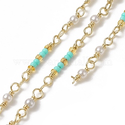 Perles d'imitation en plastique faites à la main et chaînes de perles rondes, avec placage de crémaillère en laiton doré, non soudée, avec du papier cartonné, aigue-marine, 17.5x2x2mm, 11~12x3x3mm