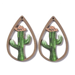 Bois imprimé grands pendentifs, larme avec breloques cactus, verte, 56x37x2.5mm, Trou: 1.5mm