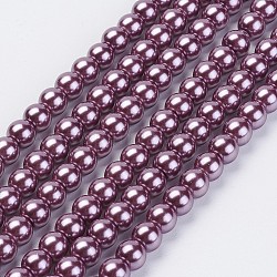Eco-Friendly Dyed Glass Pearl Beads Strands, Grade A, Round, Cotton Cord Threaded, Medium Purple, 6mm, Hole: 1.2~1.5mm, about 70pcs/strand, 15.7 inch