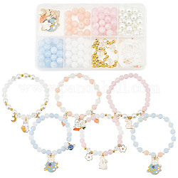 SUNNYCLUE 1 Box DIY 6Pcs Easter Rabbit Charms Enamel Bunny Charms Beaded Bracelets Making Kit Carrot Charm Planet Moon Crescent Charm Round Glass Beads Faceted Bead for Jewelry Making Beading Kits