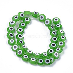 Chapelets de perles vernissées manuelles, plat rond, verte, 9.5x3.5mm, Trou: 1.2mm, Environ 38 pcs/chapelet, 14.1 pouce ~ 14.5 pouces