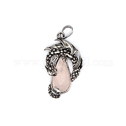 Pendenti in ottone di quarzo rosa naturale, charms drago volante con gemme a goccia sfaccettate, argento antico, 38x22x6mm