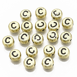Plating Acrylic Beads, Horizontal Hole, Flat Round with Letter, Golden Plated, Black, Letter.C, 7x4mm, Hole: 1.2mm.