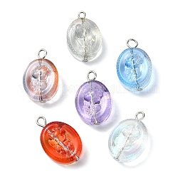 Transparent Glass Pendants, with Platinum Tone Iron Loops, Oval Charm, Mixed Color, 23x15x8mm, Hole: 3mm