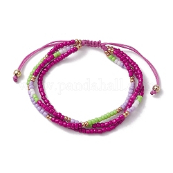 Bracelet multi-brins triple couche de perles de rocaille de verre réglable, nylon cordon tressé bracelets de perles, magenta, diamètre intérieur: 2-3/8~3-1/2 pouce (5.9~8.9 cm)