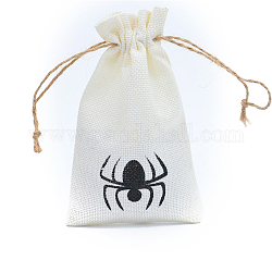 ハロウィン黄麻布の梱包ポーチ  巾着袋  蜘蛛の模様の長方形  ホワイト  15x10cm
