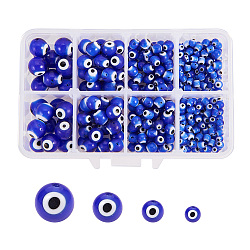 Hechos a mano de los abalorios redondos de cristal de murano mal de ojo, azul, 4 mm / 6 mm / 8 mm / 10 mm, agujero: 1 mm, aproximamente 390 PC / sistema