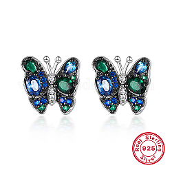 Rhodium Plated Sterling Silver Butterfly Stud Earrings, with Cubic Zirconia, with 925 Stamp, Green, 12x11mm