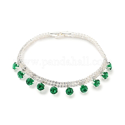 Pulsera con dijes de diamantes y circonita cúbica verde con cadenas de eslabones de latón chapado en bastidor, Plateado de larga duración, sin plomo y cadmio, plata, 7-1/4 pulgada (18.5 cm)