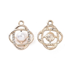 Colgantes de aleación de Diamante de imitación, con cuentas de perlas de imitación de plástico abs, charm de flores, la luz de oro, 21.5x17.5x8mm, agujero: 2.5 mm