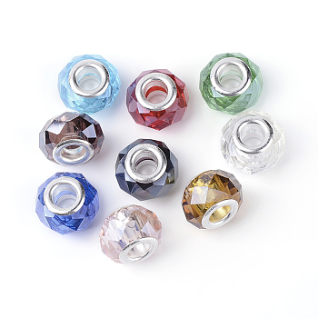 Перламутровый стеклянные европейские шарики, бусины с большим отверстием, с двойным покрытием из латуни, граненые, рондель, разноцветные, 14x9 мм, отверстие : 5 мм