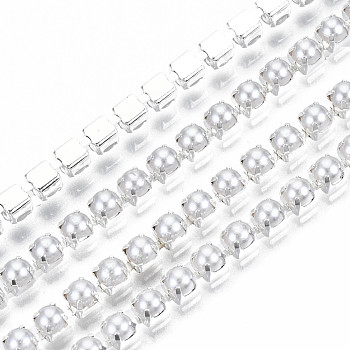 Laiton chaînes de griffe, avec perles en plastique imitation abs, avec bobine, argenterie, ss12, 3~3.2mm, environ 10yards / rouleau (9.14m / rouleau)