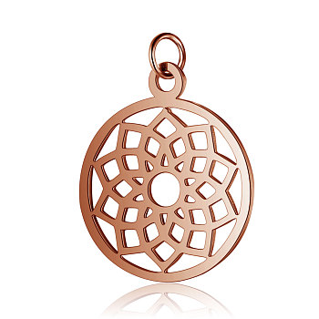 304 Edelstahl Anhänger, Chakra, Sahasrara, flach rund mit Blume, Roségold, 22.5x19x1 mm, Bohrung: 3 mm