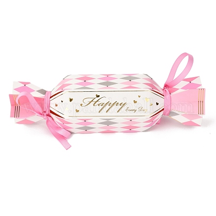 六角形のキャンディーの形のロマンチックな結婚式のギフトボックス  リボン付き  ひし形と単語模様  ピンク  完成品：20x6x5.2cm CON-L025-B03-1