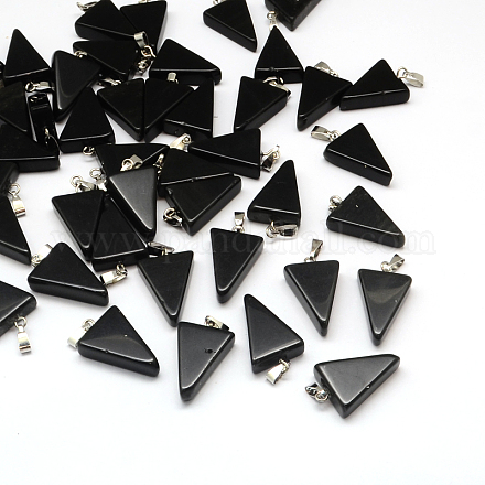 三角形天然な黒の石のペンダント  プラチナトーンの真鍮パーツ  22~25x14~15x5~7mm  穴：2x7mm X-G-Q356-07-1