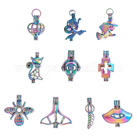 10 pièces 10 styles arc-en-ciel couleur plaqué alliage perle cage pendentifs FIND-SZ0002-55-1