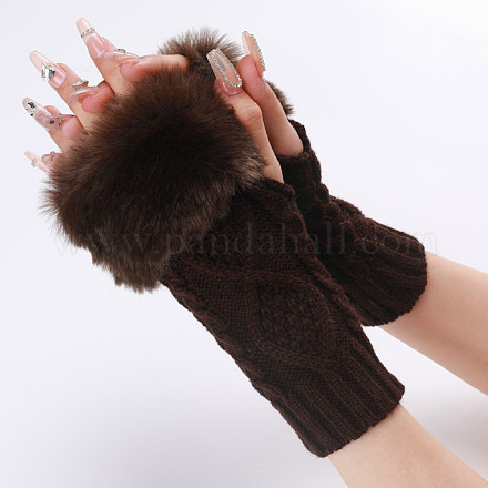 ポリアクリロニトリル繊維糸編み指なし手袋  親指穴付きふわふわ冬用暖かい手袋  ココナッツブラウン  200~260x125mm COHT-PW0001-15E-1