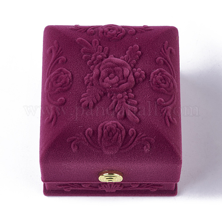 バラの花柄ベルベットリングジュエリーボックス  布とプラスチック製  長方形  赤ミディアム紫  6.3x7.4x5.7cm VBOX-O003-03-1