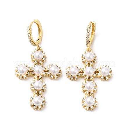 Boucles d'oreilles créoles pendantes avec croix en zircone cubique et perle d'imitation en plastique ABS EJEW-L264-004G-1