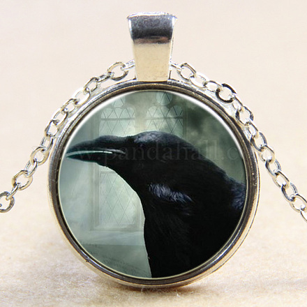 Raven/Crow Pattern Flat Round Glass Pendant Necklaces NJEW-N0051-056B-02-1