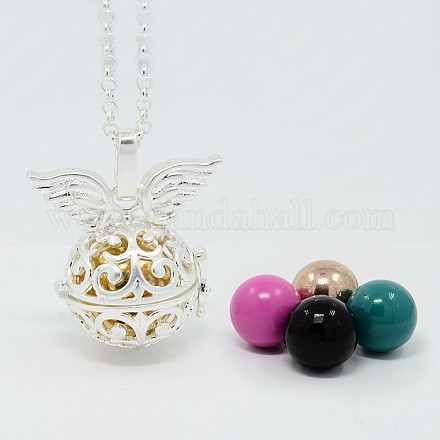 Trendy Women's Brass Rolo Chain Wings Cage Pendant Necklaces NJEW-F053-19S-1