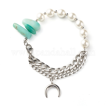 Natural Amazonite & Shell Pearl Beaded Bracelet for Girl Women X1-BJEW-TA00022-1