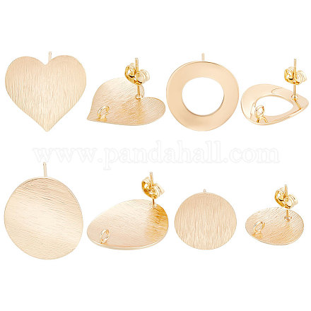 Beebeecraft 16Pcs 4 Styles 18K Gold Plated Earring Findings Flat Round Heart Donut Stud Post with Loop and 16Pcs Butterfly Earring Backs for DIY Jewelry Dangle Earring Making KK-BBC0007-05-1
