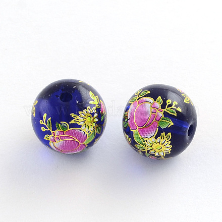Flower Picture Transparent Glass Round Beads GFB-R004-14mm-S17-1