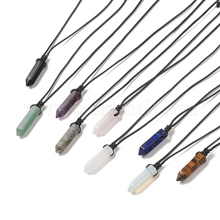 Natural & Synthetic Mixed Gemstone Bullet Pendant Necklace with Waxed Cords for Women NJEW-M196-02-1