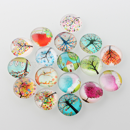 Tree of Life Printed Half Round/Dome Glass Cabochons GGLA-A002-15mm-GG-1
