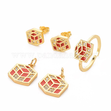 Set di gioielli in ottone con micro pavé di zirconi cubici e orecchini a bottone e anelli per polsini SJEW-S043-16-NR-1
