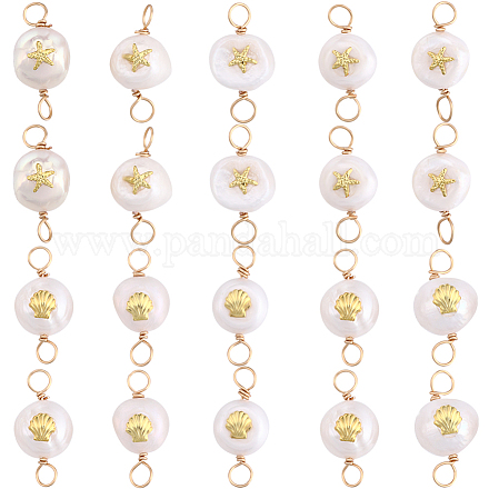 Beebeecraft 20pcs 2 styles Grade AA Natural Cultured Freshwater Pearl Connector Charms with Golden Tone Sea Animal Alloy Slices PALLOY-BBC0001-02-1