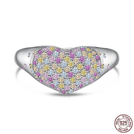 925 anello regolabile a cuore in argento sterling rodiato con zirconi colorati RJEW-F150-50P-1