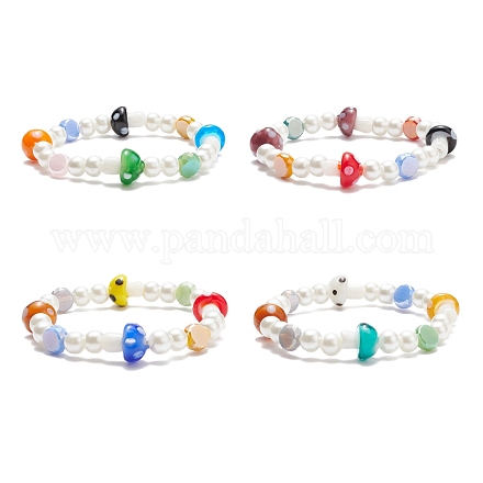 Pulsera elástica con perlas de vidrio y setas de murano para niños BJEW-JB08390-1