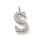304 Stainless Steel Micro Pave Cubic Zirconia Pendants, Letter A~Z Charms, Letter S, 14.5x7x2mm, Hole: 1.8mm
