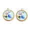 304 Stainless Steel Enamel Pendants, with Resin and Rhinestone, Flat Round with Flower, Ion Plating(IP), Real 18K Gold Plated, Light Blue, 22x19.5x5mm, Hole: 1.8mm