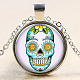 Candy Sugar Skull Pattern Flat Round Glass Pendant Necklaces NJEW-N0051-044E-02-1
