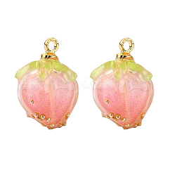 Pendenti in resina epossidica con fiori fatti a mano, con archetti in ottone e microsfere di vetro, gemma, oro, roso, 14~15x9~10x9~10mm, Foro: 1.2 mm
