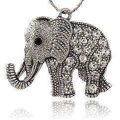 Strass lega di stile tibetano grandi ciondoli,  cadmio& piombo libero, elefante, argento antico, cirstallo, 43x51x5.5mm, Foro: 3.5 mm