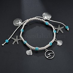 Cavigliere intrecciate in corda di cotone e turchese sintetico a forma di conchiglia a forma di stella marina in lega stile bohémien&nbsp;FS-WG159AD-04