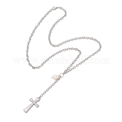 Kreuz aus Edelstahl 304 mit Anhänger aus Reiskorn und Naturperlen an einer Kabelkette (Y-Halskette)&nbsp;NJEW-JN05784