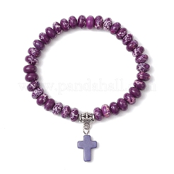 Perle di diaspro imperiale sintetico e bracciali elastici con croce turchese per donne e uomini&nbsp;BJEW-JB11382-06
