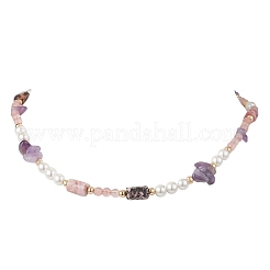 Colliers ronds en verre de quartz cerise et éclats d'améthyste naturelle et de rhodonite pour femmes&nbsp;NJEW-JN05634